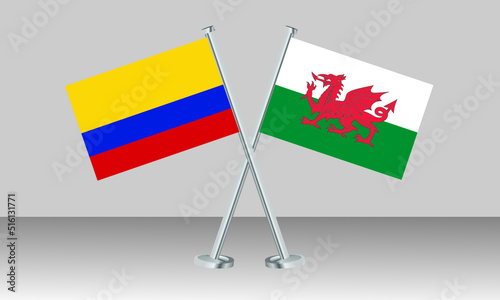 Crossed flags of Colombia and Wales. Official colors. Correct proportion. Banner design

