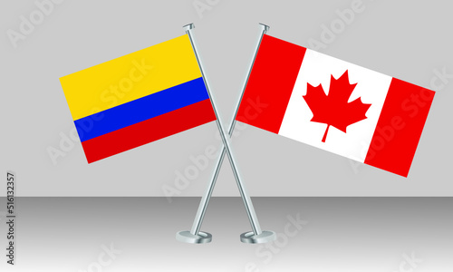 Crossed flags of Colombia and Canada. Official colors. Correct proportion. Banner design
