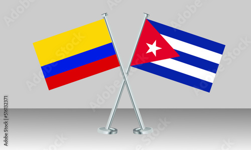Crossed flags of Colombia and Cuba. Official colors. Correct proportion. Banner design
