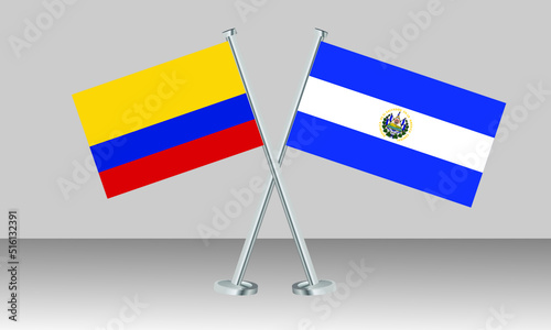 Crossed flags of Colombia and El Salvador. Official colors. Correct proportion. Banner design
