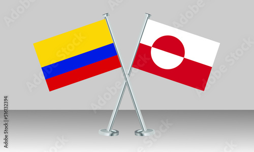 Crossed flags of Colombia and Greenland. Official colors. Correct proportion. Banner design
