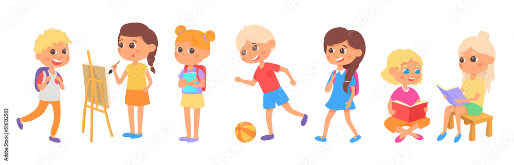 Set of school kids keening on hobbies. Pupils with book, seasel, ball. Vector illustration. Set of preschooler children teenagers characters in different poses, clothes, wear, apparel. Modern children Set of school kids keening on hobbies. Pupils with book, seasel, ball. Vector illustration. Set of preschooler children teenagers characters in different poses, clothes, wear, apparel. Modern children