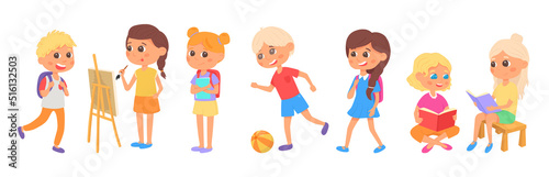 Set of school kids keening on hobbies. Pupils with book, seasel, ball. Vector illustration. Set of preschooler children teenagers characters in different poses, clothes, wear, apparel. Modern children