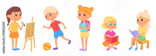 Cute, happy little boy and girls with backpacks going at school. Cartoon kids charachtes. Back to school. Vector illustration. Isolated on white background.