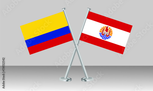Crossed flags of French Polynesia and Colombia. Official colors. Correct proportion. Banner design
