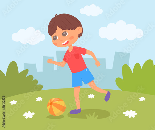 Little boy playing with a ball outside. Vector illustration. A child in a landscape has a fun playing football.