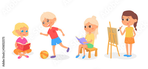 Set of school kids keening on hobbies. Pupils with book, seasel, ball. Vector illustration. Set of preschooler children teenagers characters in different poses, clothes, wear, apparel. Modern children