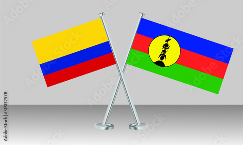 Crossed flags of Colombia and New Caledonia. Official colors. Correct proportion. Banner design
