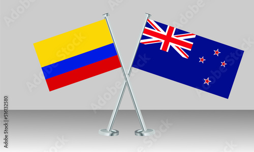 Crossed flags of Colombia and New Zealand. Official colors. Correct proportion. Banner design

