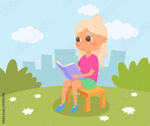 Girl sitting on a bench and reading a book. Blond schoolgirl in the park. Kid in summer garden.