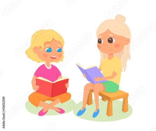 Two young girls reading a books together. Big eyes chatacters. Cartoon child. Hand drawn Isolated Vector illustration.