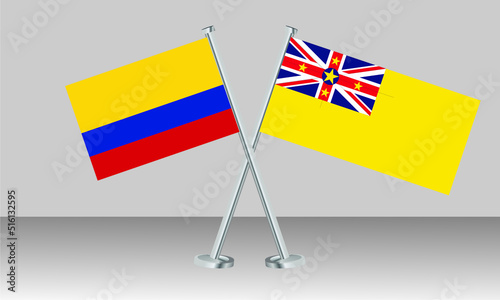 Crossed flags of Colombia and Niue. Official colors. Correct proportion. Banner design
