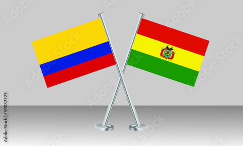 Crossed flags of Colombia and Bolivia. Official colors. Correct proportion. Banner design
