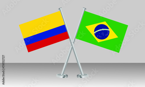 Crossed flags of Colombia and Brazil. Official colors. Correct proportion. Banner design

