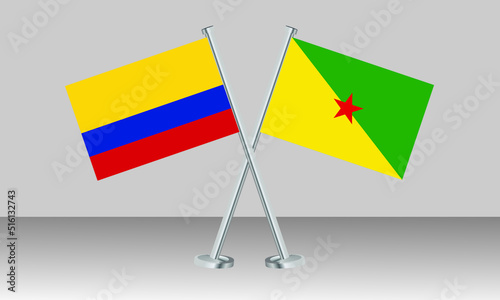 Crossed flags of Colombia and French Guiana. Official colors. Correct proportion. Banner design
