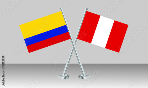 Crossed flags of Colombia and Peru. Official colors. Correct proportion. Banner design