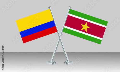 Crossed flags of Colombia and Suriname. Official colors. Correct proportion. Banner design
