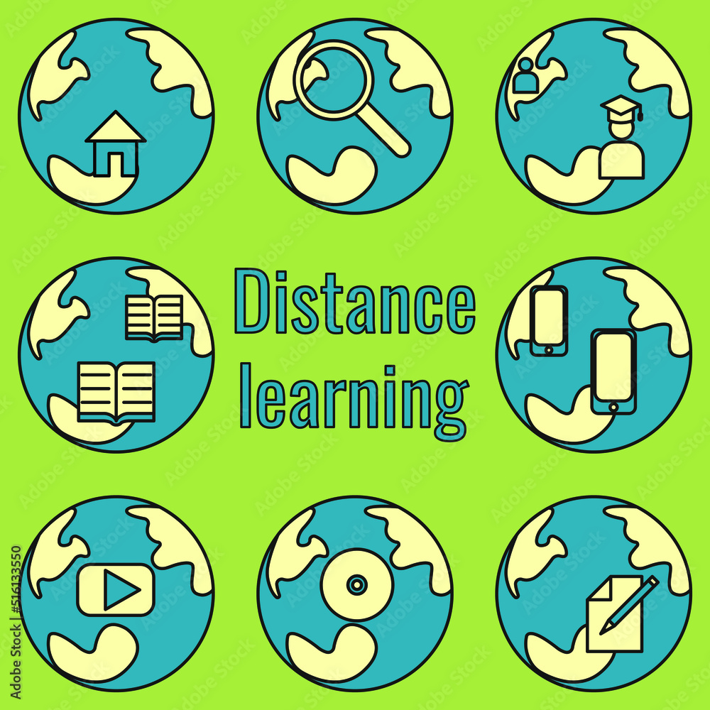 Distance learning icon set. Color illustration for application. Vector. 