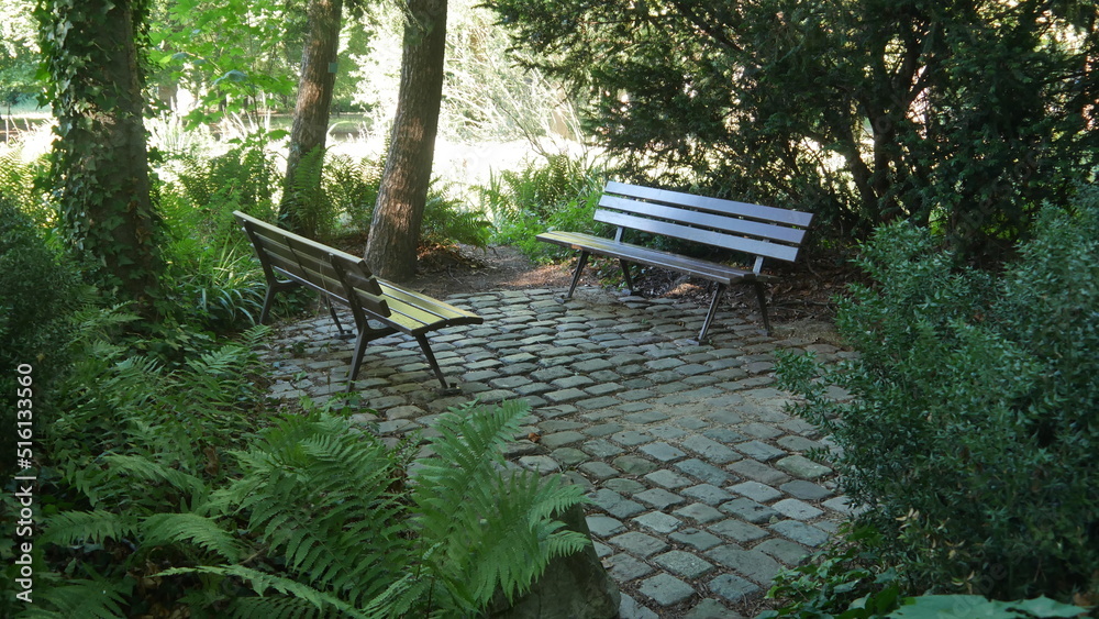 Un petit coin de détente et de repos, dans un coin forestier, avec deux sièges, vide et tranquille, sous du feuillage, bancs face à face