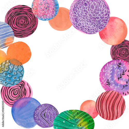 Colored watercolor circles , a frame and a place for the inscription . Geometric shapes are stylized . modern abstraction , a blank for congratulations
