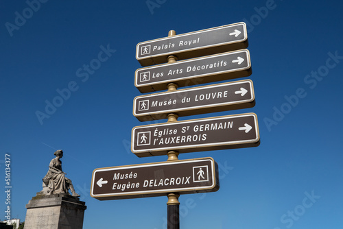 panneaux de signalisation indiquant des lieux célèbres dans Paris comme le musée du Louvre, le Palais Royal ou le musée Delacroix