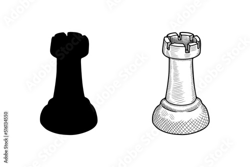 Hand drawn vector sketch. Chess piece on a white background. Chess rook illustration in doodle style. Drawing of a rook of a chess piece.