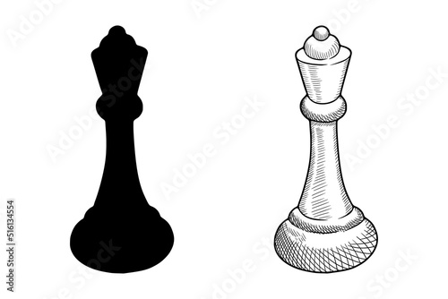 Hand drawn vector sketch. Chess piece on a white background. Chess queen illustration in doodle style. Drawing of a queen of a chess piece.