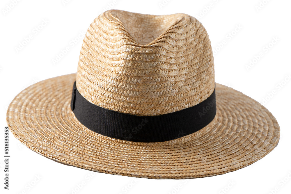 Straw fedora hat isolated. Summer hat with black ribbon. Classic cap on white background.