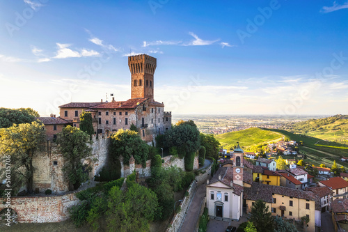 Aerial view of Cigognola Castle with his vineyard in background, Oltrepo Pavese, Pavia, Lombardy, Italy