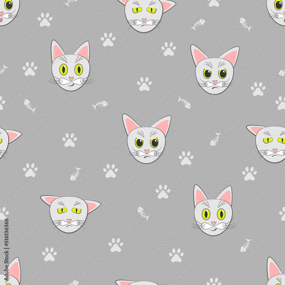 Vector cats seamless pattern. Repeating cat background of cat's faces, paws and fishbones on gray.