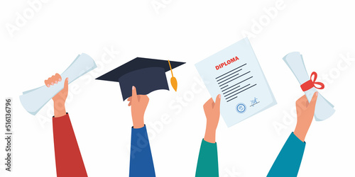 Hands holding diplomas, graduation cap and certificates. Celebrating graduate from college, university. Vector illustration.