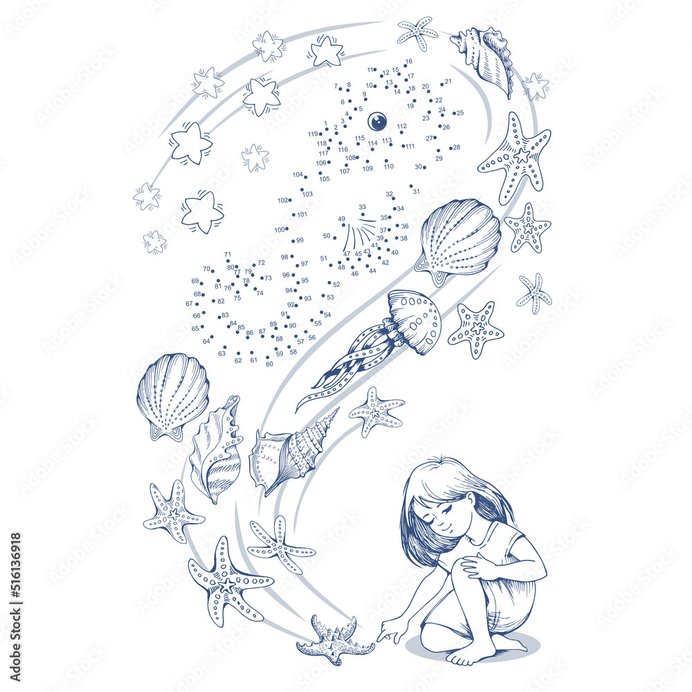 Figure by numbers for the children's menu of a fish restaurant.A little girl draws sea animals and dreams of the sea Figure by numbers for the children's menu of a fish restaurant.A little girl draws sea animals and dreams of the sea