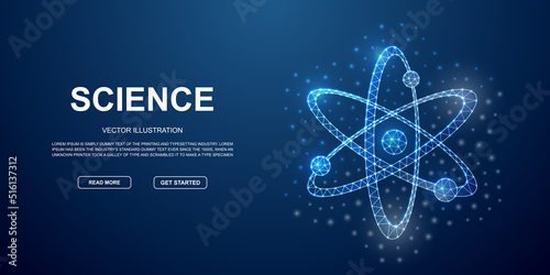 Atom 3d low poly symbol with connected dots for blue landing page. Atomic neutron design illustration concept. Polygonal Molecule illustration