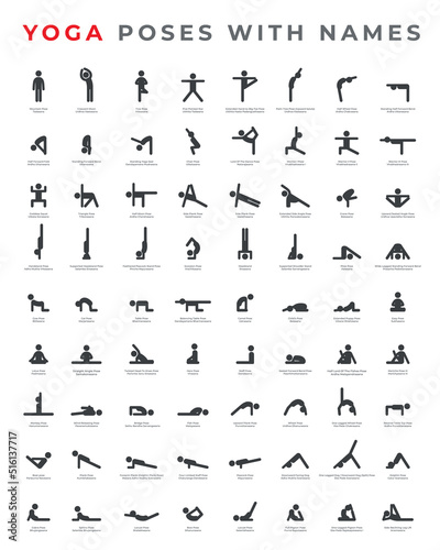 Big set of Yoga poses Asanas with names. Vector Illustration.
