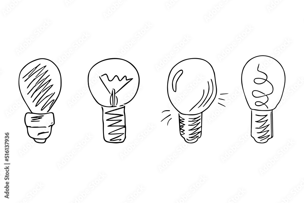 Doodle lightbulbs,hand drawn electric devices set,idea concept.Sign of scientific discovery,insight.Sketch,freehand minimalistic design.Isolated.Vector illustration Doodle lightbulbs,hand drawn electric devices set,idea concept.Sign of scientific discovery,insight.Sketch,freehand minimalistic design.Isolated.Vector illustration