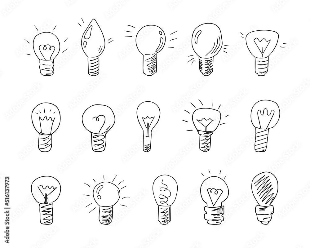 Doodle lightbulbs,hand drawn electric devices set,idea concept.Sign of scientific discovery,insight.Sketch,freehand minimalistic design.Isolated.Vector illustration Doodle lightbulbs,hand drawn electric devices set,idea concept.Sign of scientific discovery,insight.Sketch,freehand minimalistic design.Isolated.Vector illustration