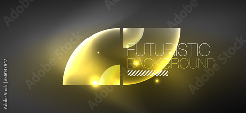 Shiny neon geometric abstract background. Glowing lights on round shapes, triangles and circles. Wallpaper for concept of AI technology, blockchain, communication, 5G, science, business