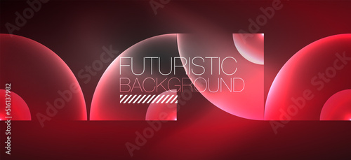 Shiny neon geometric abstract background. Glowing lights on round shapes, triangles and circles. Wallpaper for concept of AI technology, blockchain, communication, 5G, science, business
