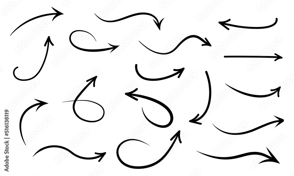 Set of hand drawn arrows on white background. Curved drawn arrows. Vector 10 EPS. Set of hand drawn arrows on white background. Curved drawn arrows. Vector 10 EPS.
