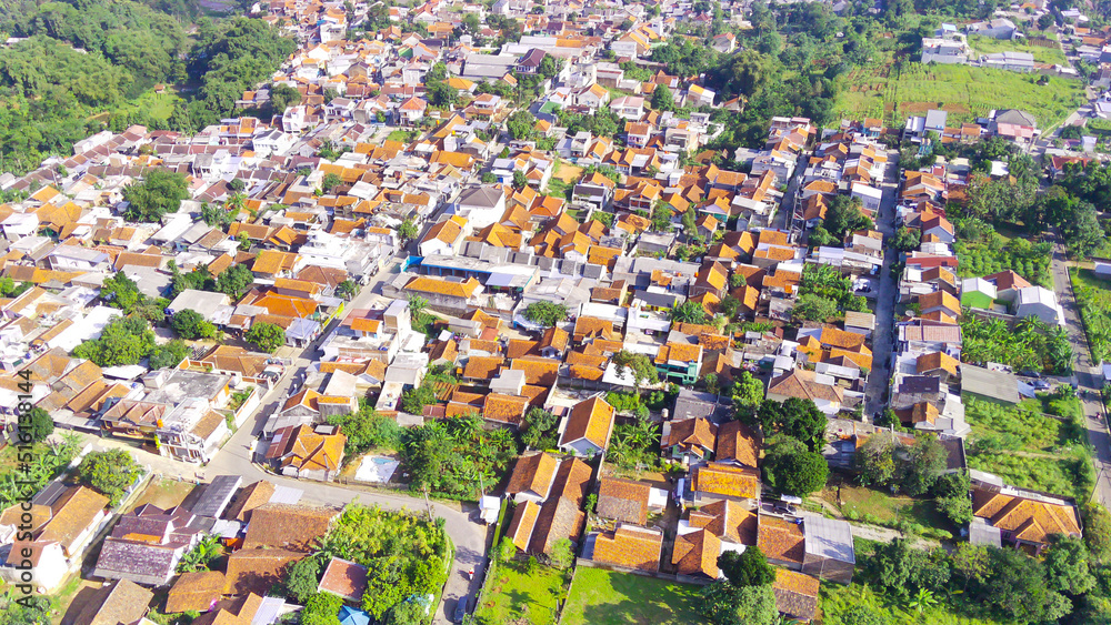 Abstract Defocused Aerial photography A dense and spacious residential area in Majalaya, Indonesia