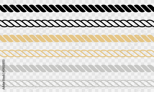 Set of rope vector icons on transparent background. Marine rope. Black cord. Vector 10 EPS.
