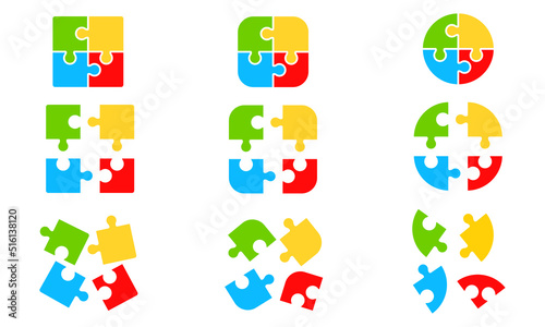 Set of four part puzzle vector icons. Colourful pieces jigsaw. Joining part puzzle. 