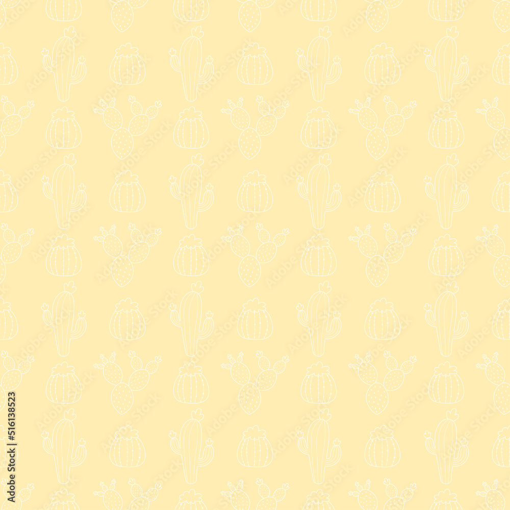 Beige seamless pattern with outline cactus.