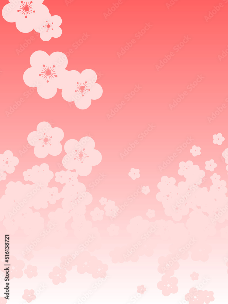 ピンク色の梅柄和柄　ベクター　縦型　