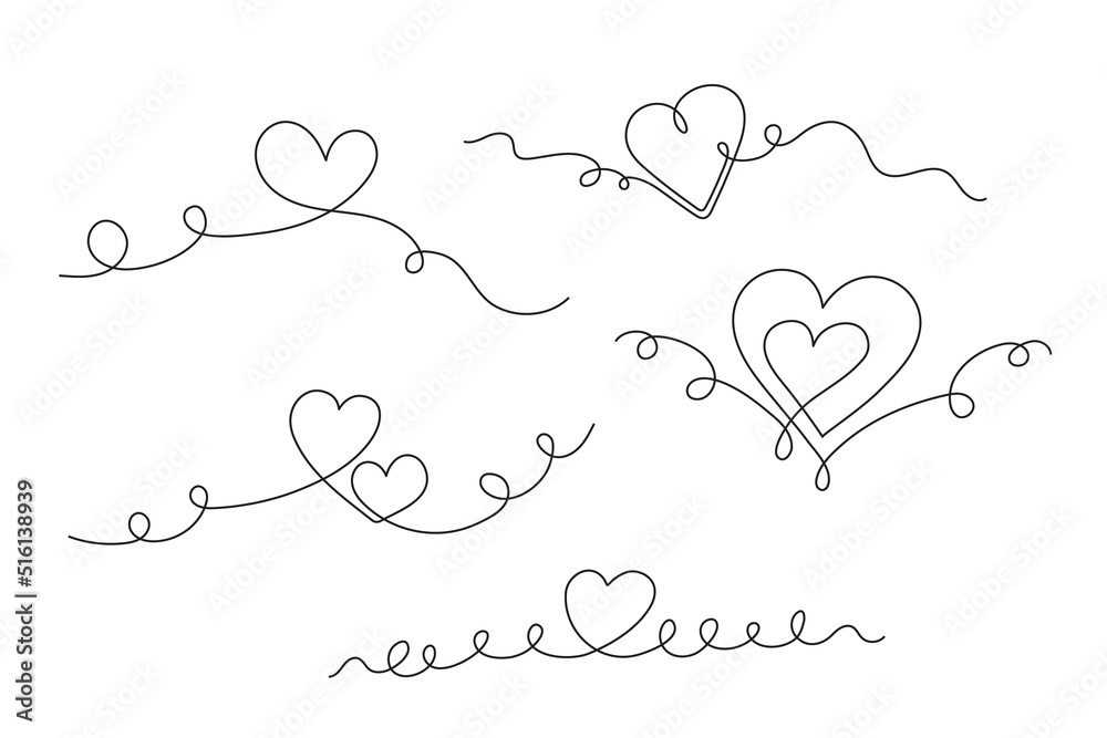 Hearts one line art, hand drawn continuous contour. Romantic symbol for February 14. Simple minimalist design. Editable stroke. Isolated. Vector illustration
