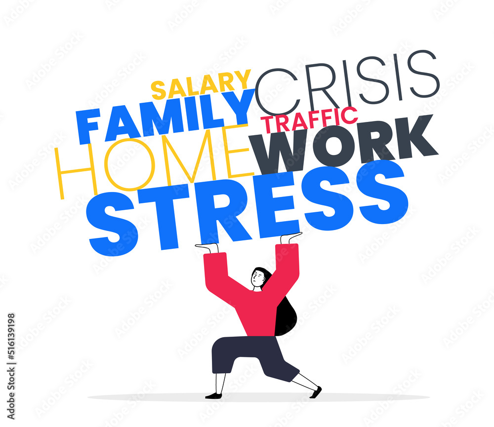 Stressed worker lifting heavy weight. A lot of stress in life. Emotional and physical burnout. Tired woman heavy words in hands. Mental health problem. Vector illustration concept Stressed worker lifting heavy weight. A lot of stress in life. Emotional and physical burnout. Tired woman heavy words in hands. Mental health problem. Vector illustration concept
