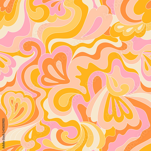 Hippie psychedelic seamless pattern. Vector nostalgic retro 60s groovy print. Vintage wavy background. Textile and surface design with old fashioned hand drawn naive geometric print