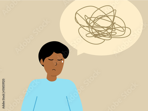 Overthinking person with big cloud of negative thoughts in background. Emotional and physical burnout and mess. Tired man. Mental health problem. Vector illustration concept