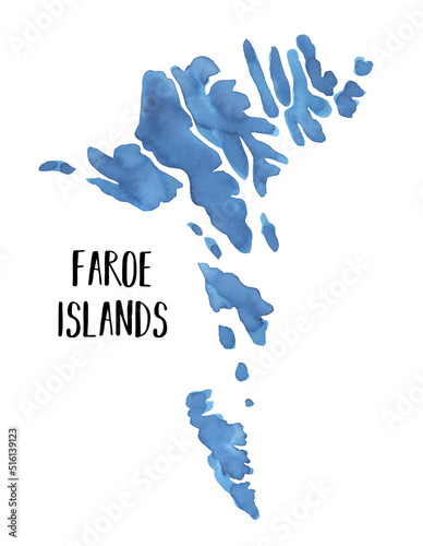 Watercolour illustration of Faroe Islands (Faroes) Map in sky blue colour. Hand painted water color sketchy drawing on white backdrop, isolated elements for design decoration, banner, postcard, print. photo