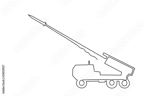 Multiple launch rocket system HIMARS,one line art.Military combat vehicle firing rockets and shells,continuous contour.War equipment,missile tactical artillery,heavy machinery.Editable stroke.Vector